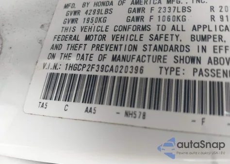 2012 Honda Accord 2.4 Lx from USA, damaged, VIN 1HGCP2F39CA020396